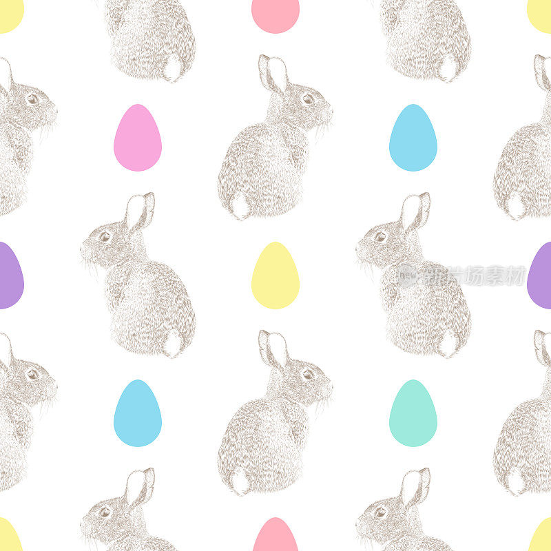 复活节图案与兔子钢笔和墨水矢量无缝图案
