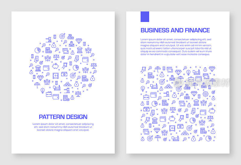 一套商业和金融图标矢量图案设计的小册子，年度报告，书封面。