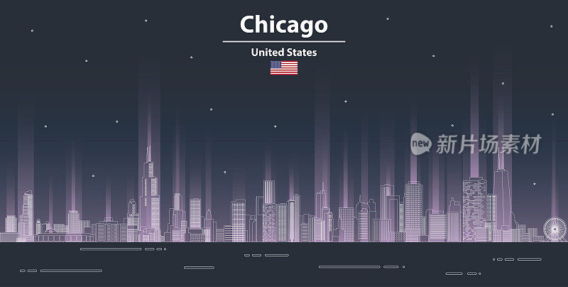 芝加哥夜景线条艺术风格矢量海报插画。旅游的背景