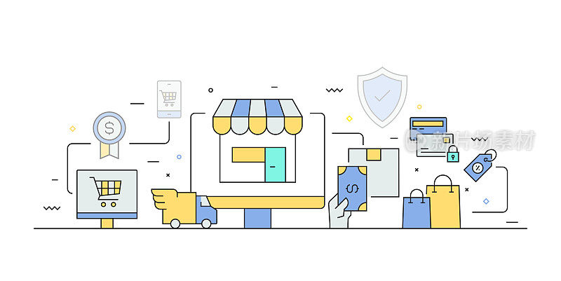 电子商务，网上购物，数字营销相关的现代线条风格插图