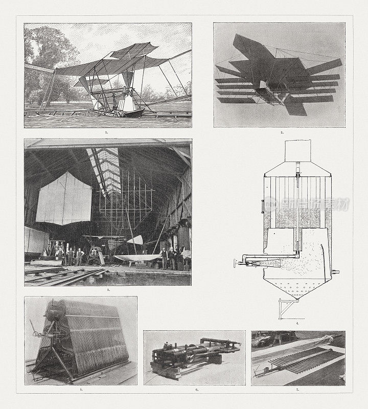 马克西姆的飞行器、木刻版画和半色调版画，出版于1895年