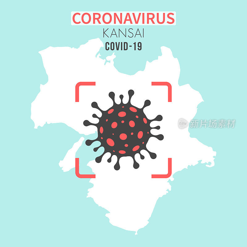 关西地图，红色取景器上有冠状病毒细胞(COVID-19)