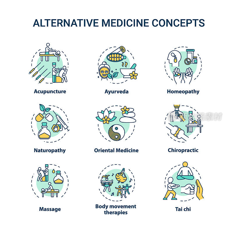 替代医学概念图标集。补充疗法理念细线RGB彩色插图。身体和精神的治疗技术。矢量孤立轮廓图。可编辑的中风