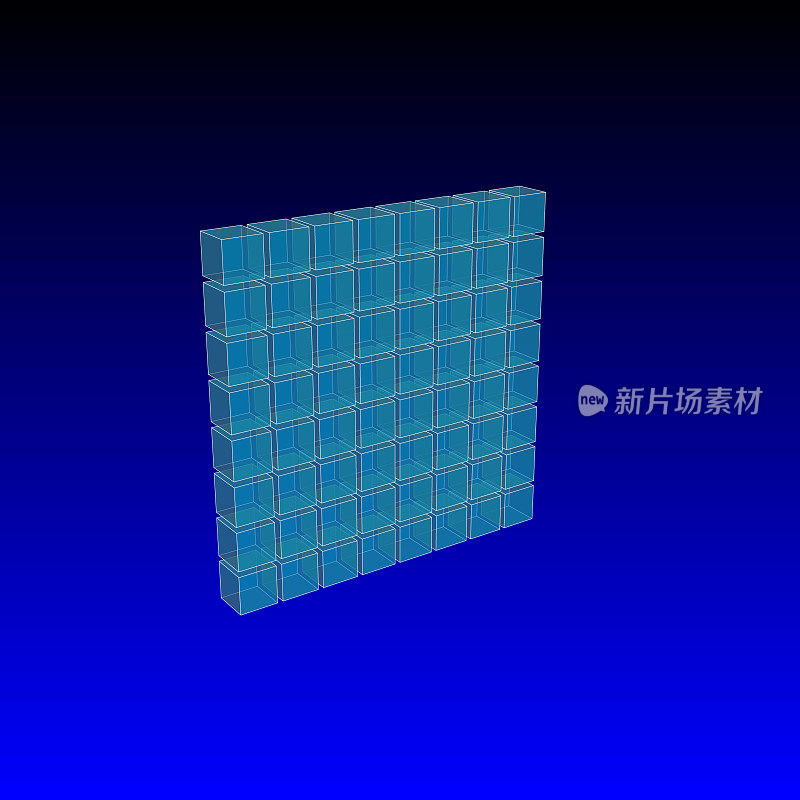 透明玻璃立方体的8x8玻璃墙的3D渲染。小的差距。与视角。