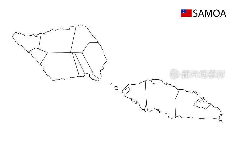 萨摩亚地图，黑白详细勾勒了该国各地区。