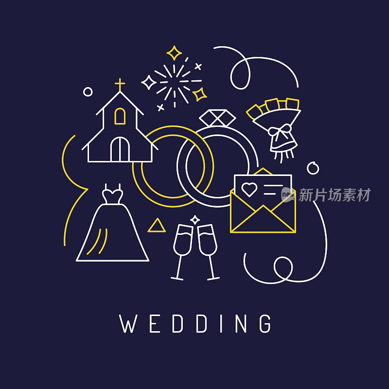 婚礼概念，现代线条艺术图标背景。线性风格矢量插图。
