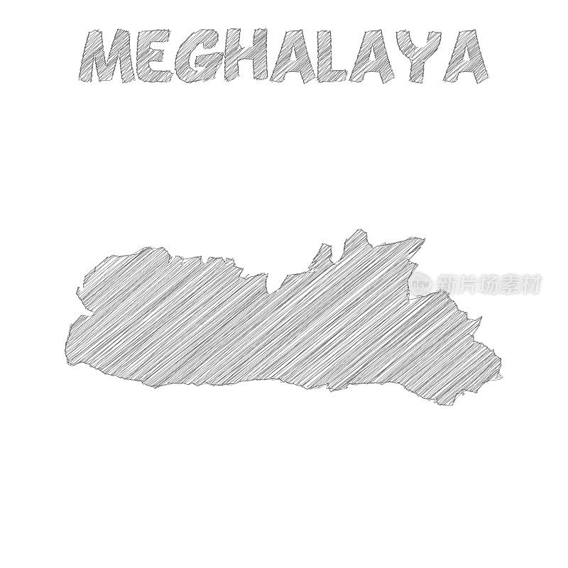 梅加拉亚邦地图手绘在白色背景上