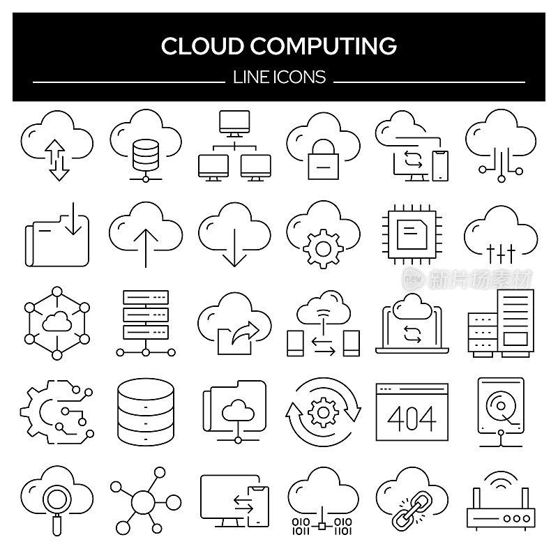 一组云计算相关的线图标。轮廓符号集合，可编辑的描边