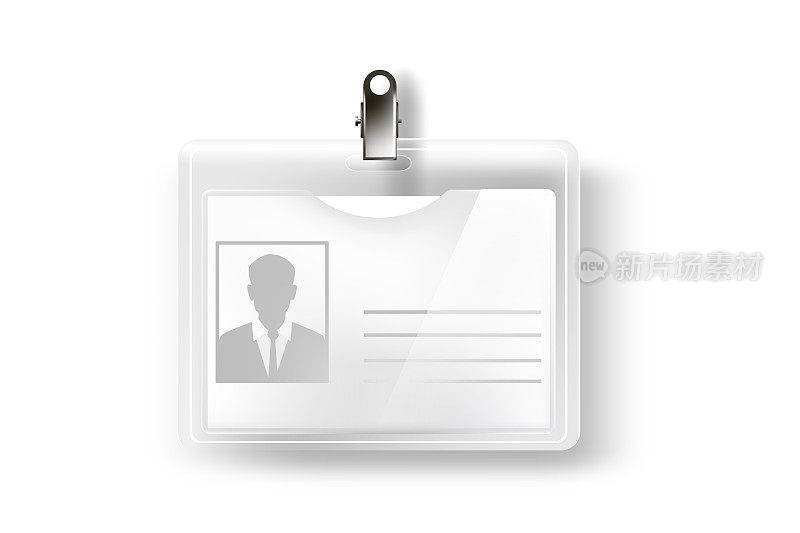 带有姓名或身份标签的金属扣的徽章。身份证与照片和信息矢量插图。塑料模拟模板，会议活动，办公室员工通行证