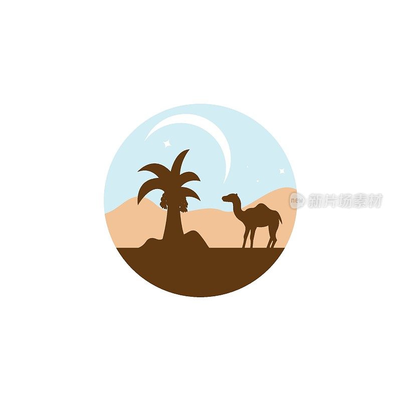 枣树和骆驼在沙漠图标矢量插图设计模板