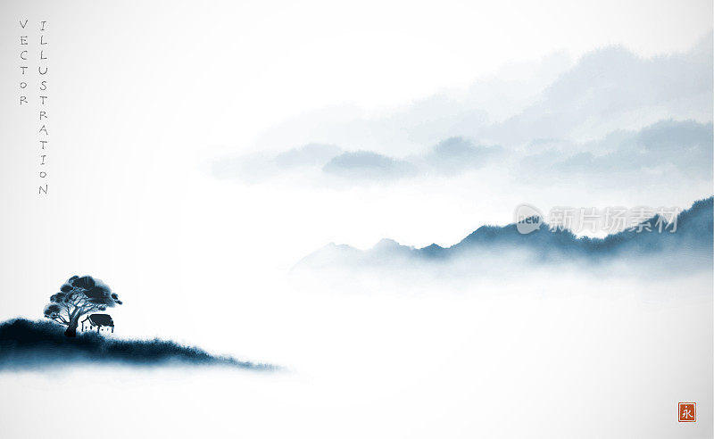 风景与蓝色雾森林山。传统东方水墨画梅花、梅花、梅花。象形文字——永恒