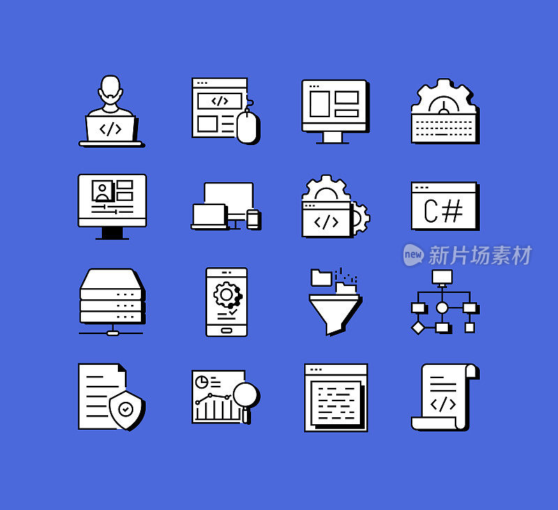 编程相关图标向量集合。现代风格符号向量插图