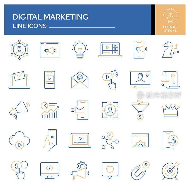 一套数字营销相关线图标。轮廓符号集合，可编辑的描边