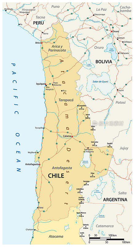 智利北部的阿塔卡马沙漠矢量路线图
