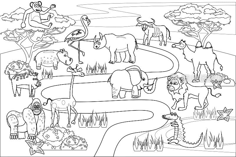丛林，非洲狩猎动物涂色书的儿童教育插图。集可爱的狮子，鳄鱼，犀牛，猴子，大象，骆驼，犀牛，大猩猩，河马。矢量白色的黑色卡通轮廓插图