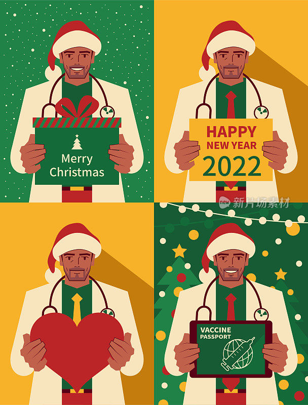 快乐英俊成熟的医生穿着圣诞老人的衣服，手里拿着圣诞礼物和新年贺卡和心形符号和数字平板电脑