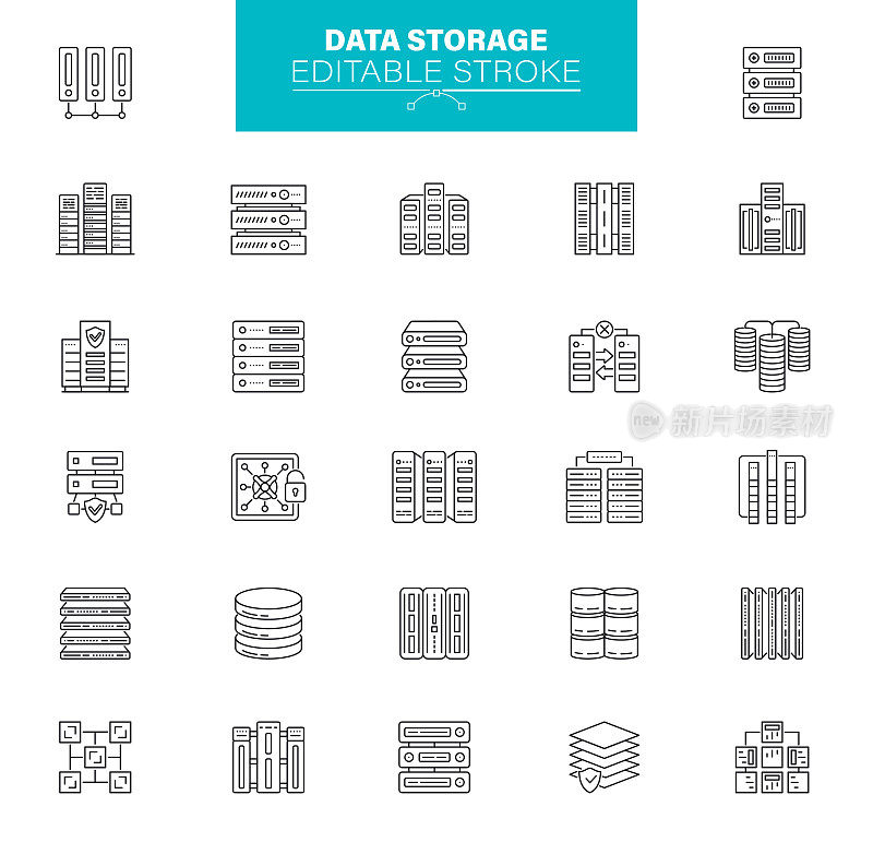 数据存储图标。该集合包含技术、数据库、数据中心、存档等图标