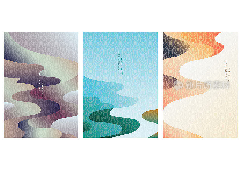 抽象艺术背景与日本波浪图案矢量。流动和动态横幅设计与梯度元素在复古风格。
