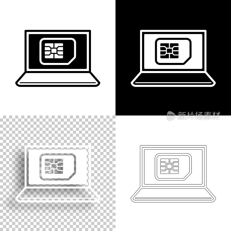 带SIM卡的笔记本电脑。图标设计。空白，白色和黑色背景-线图标