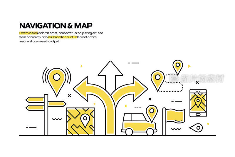 导航和地图概念，线风格矢量插图