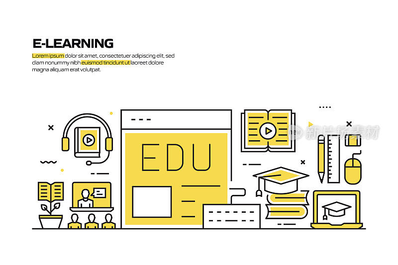 E-Learning概念，线风格矢量插图