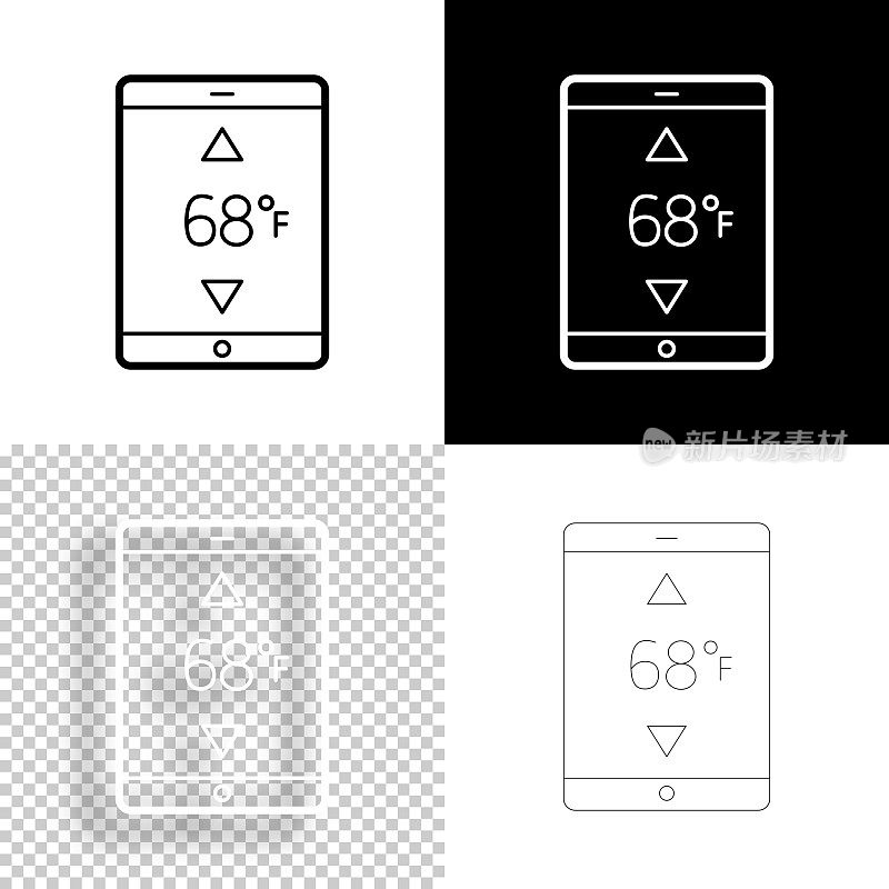 带加热控制的平板电脑。图标设计。空白，白色和黑色背景-线图标