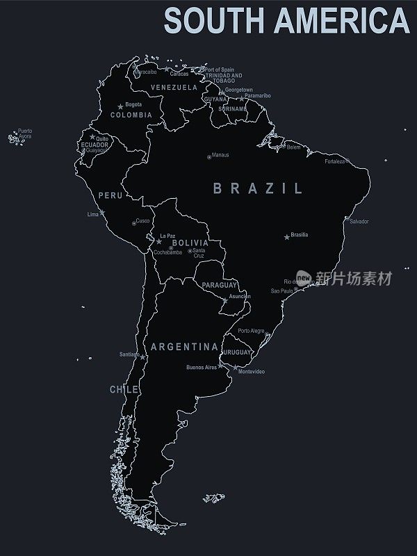 南美国家和城市在黑色背景上的平坦地图