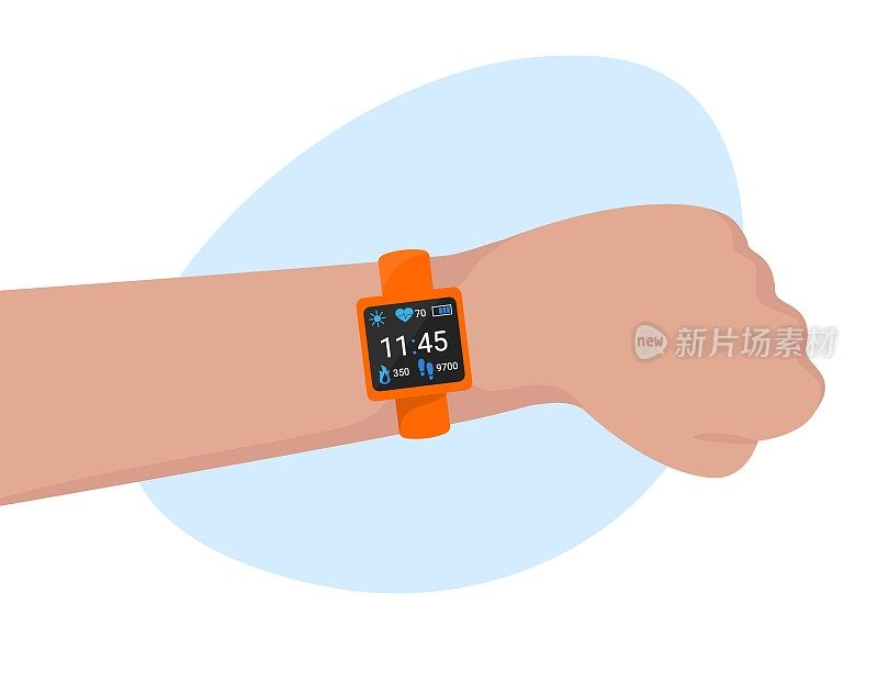 智能手表在手顶视孤立。显示时间、脉搏、步数、卡路里等指标的健身手环、智能手环。矢量平面插图