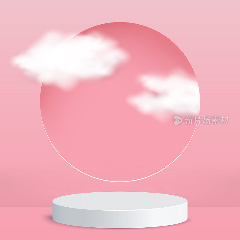 3d粉红色的讲台和现实的云最小的产品展示背景，粉红色的讲台。平台上的产品可视化。