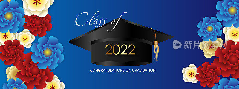 祝贺你毕业!2022级。毕业帽，五彩纸屑和气球。祝贺的条幅。教育学院学习学院