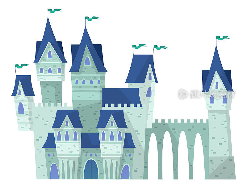 童话般的城堡，带有卡通风格的塔楼和石桥