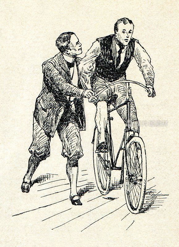 男子教朋友如何骑自行车1899年