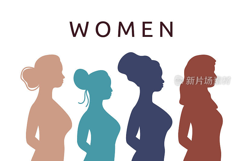 女性侧影。由不同种族和文化背景的妇女组成的团体。女性文本。矢量平面插图