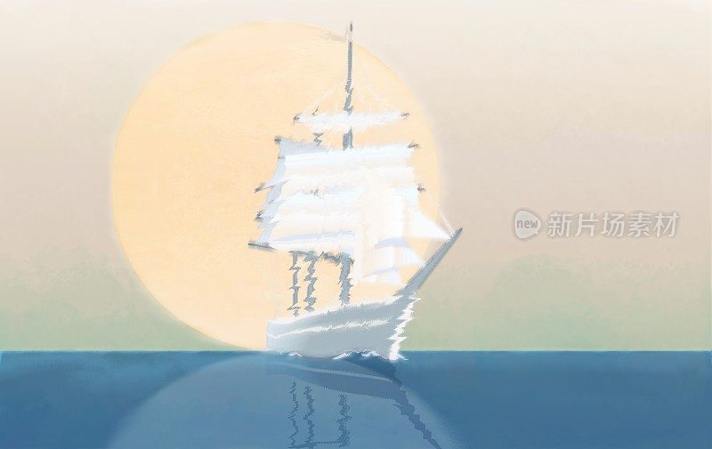 太阳背景下的帆船，浪漫的风格