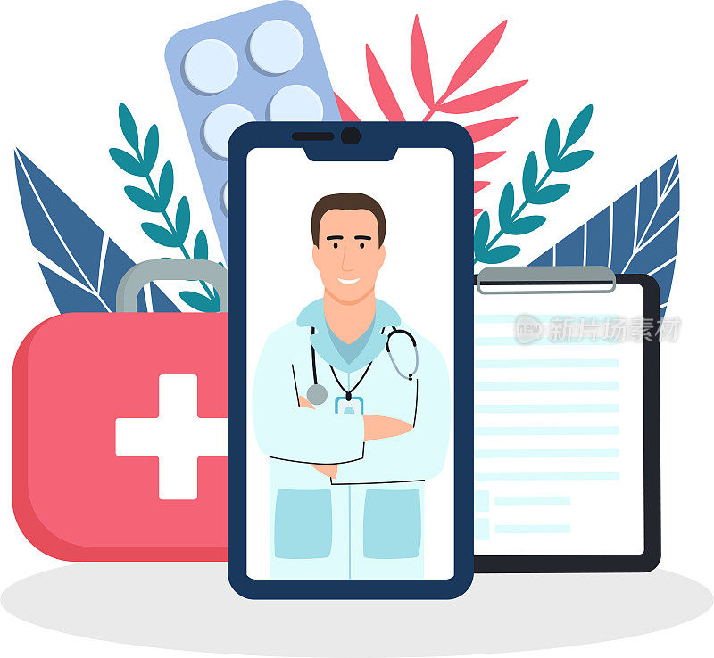 在线医生的概念。通过智能手机进行患者咨询。在线医疗支持。在线医生。医疗服务，问问医生。