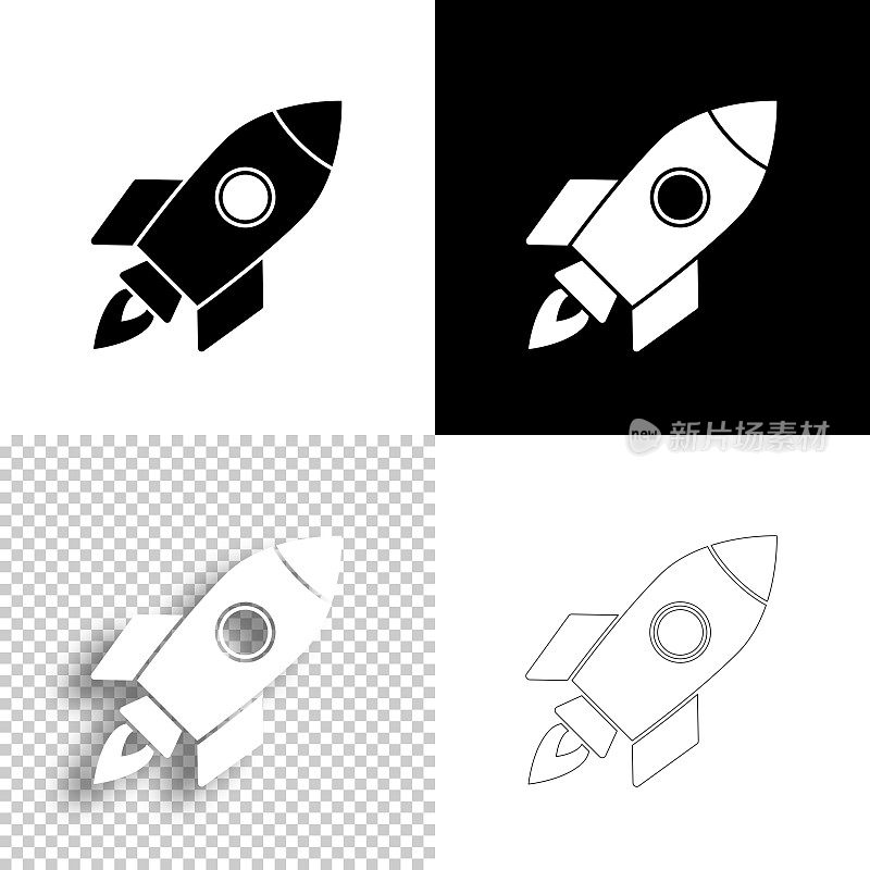 火箭发射的。图标设计。空白，白色和黑色背景-线图标