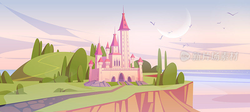 清晨绿海崖上粉红魔法城堡