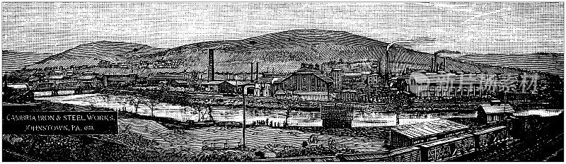 美国，宾夕法尼亚地标和公司的古董插图:约翰斯顿，坎布里亚钢铁厂