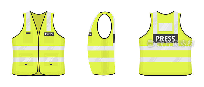 安全反光背心与标签PRESS标签平式设计矢量插图集。