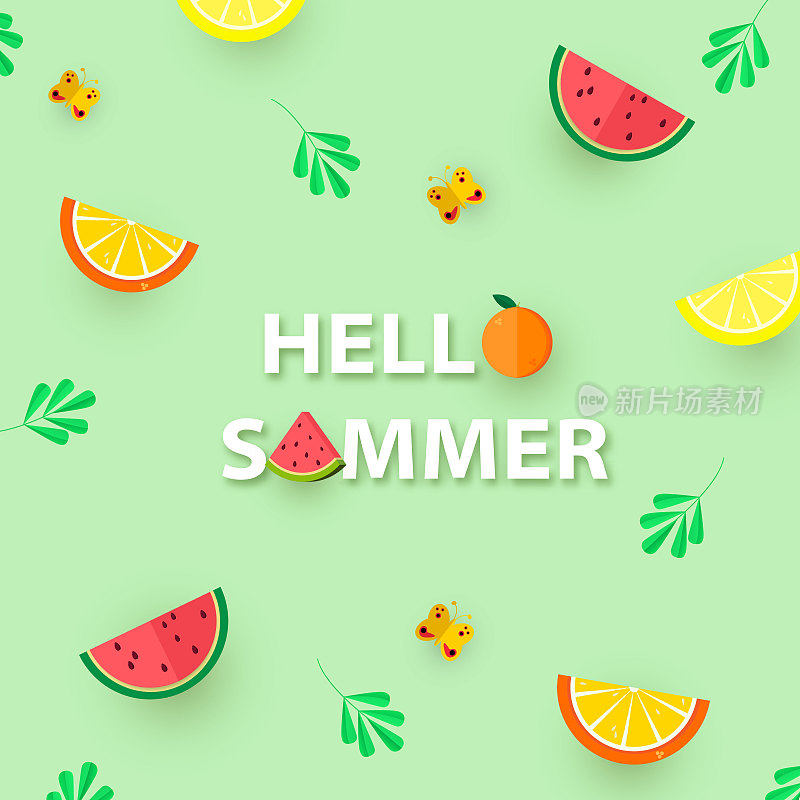 你好,夏天。方形横幅上有柠檬，橙子，西瓜片，叶子和蝴蝶。向量