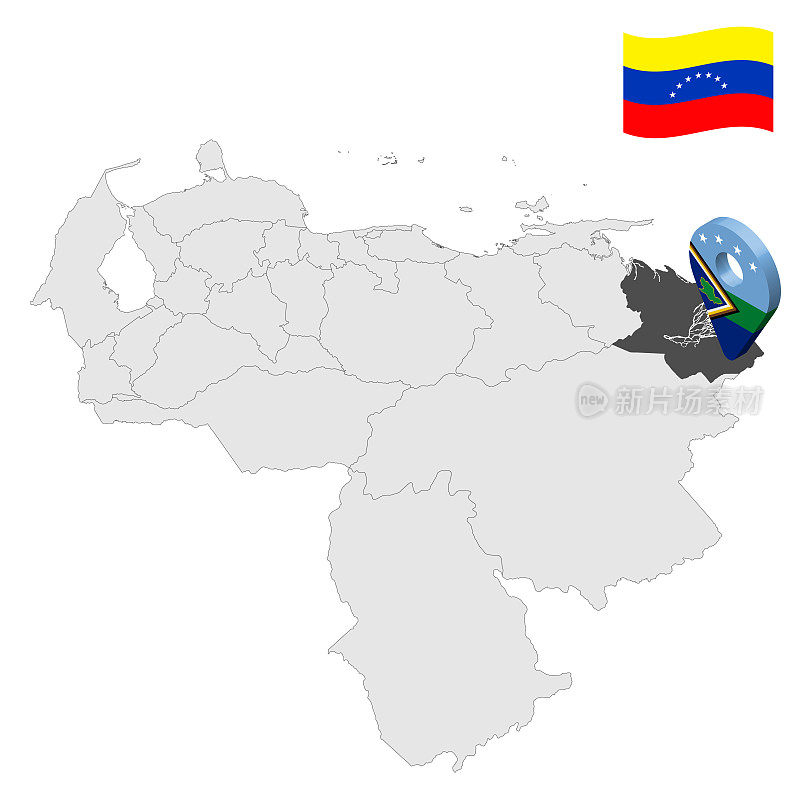 委内瑞拉地图上的三角洲阿玛库罗州。3d位置标志类似于三角洲阿玛库罗的国旗。高质量地图与委内瑞拉地区为您的设计。EPS10