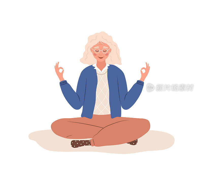 呼吸意识瑜伽练习。老妇人练习腹式呼吸放松。冥想身体，思想和情感。修行。腹式呼吸。卡通矢量图