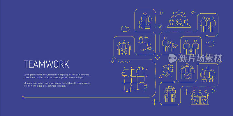 团队合作相关矢量横幅设计概念，现代线条风格与图标