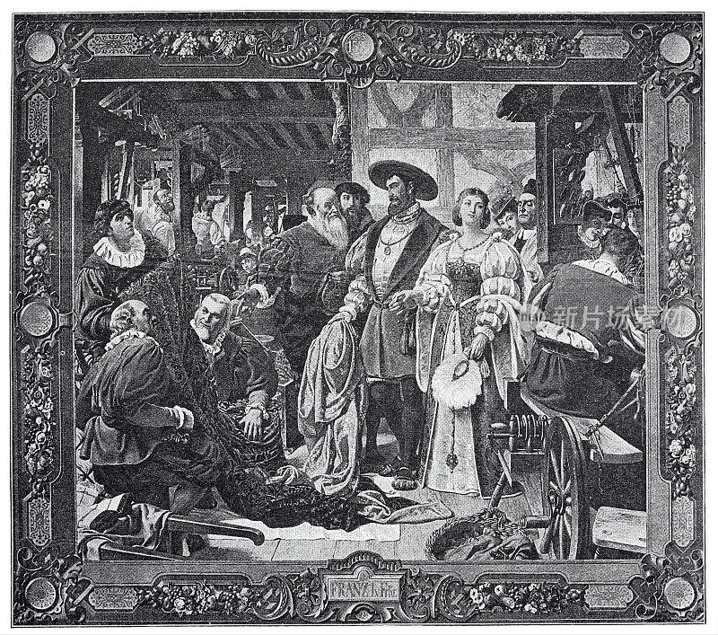 法国国王弗朗西斯一世参观他创建的里昂丝绸工厂