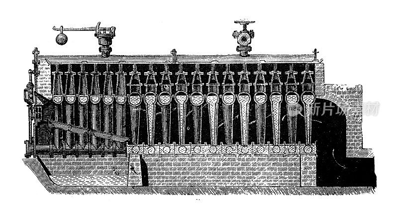 古董插图，应用力学:蒸汽动力机器，米勒锅炉