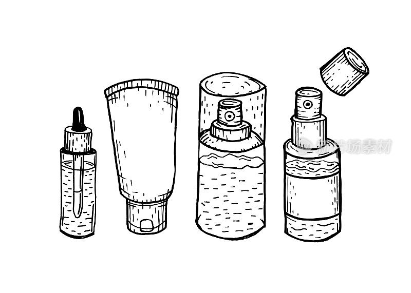 化妆品包装:化妆品的一套瓶子和包装精华液，面霜，乳液，喷雾，移液管。涂抹于面部