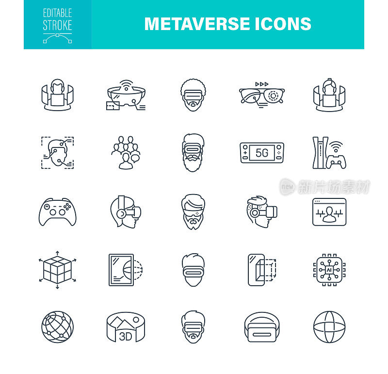Metaverse图标可编辑的笔画。包含虚拟世界，虚拟现实，VR，数字数据，游戏图标