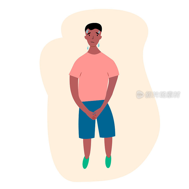 尿失禁的问题。非洲裔美国男孩双手握住自己的胯部，男性性别一直想小便。矢量插图。