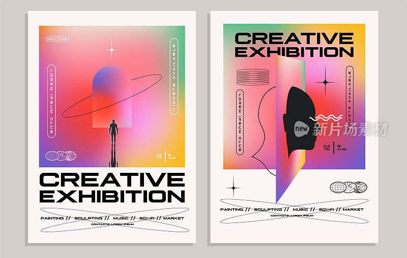 创造性的展览传单或海报概念与抽象几何形状和人的轮廓在明亮的梯度背景。矢量图