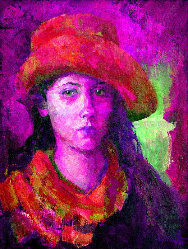 插画油画肖像的年轻女子与长黑发在帽子和羊毛围巾在晚上的背景